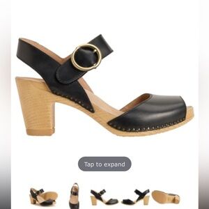 Dansko Black Leather Mules with Tan Wooden Heel